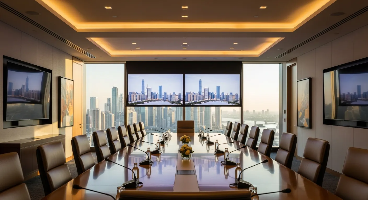 Boardroom with dual displays and tabletop microphones at every seat, overlooking a city skyline